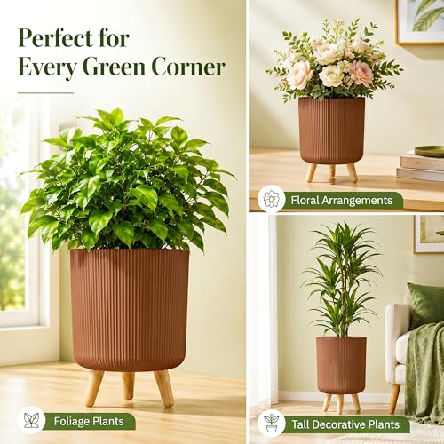 Image of Eightiz Store Modern Wood Brown Flower Pot with Plastic Legs | Indoor Outdoor Planter for Home Garden Balcony Decor Ribbed Design Sturdy Plastic Mid-Century Style (Wood Brown, Pack of 2)