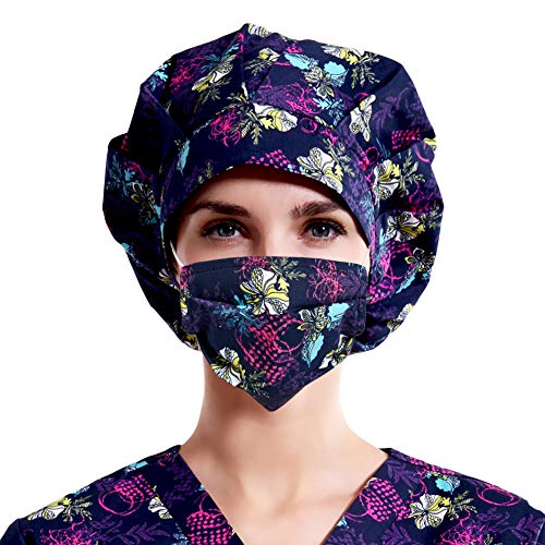 Mwfus Surgical Scrub Cap and Reusable Mask Set with Sweatband, Nurse Doctor Bouffant