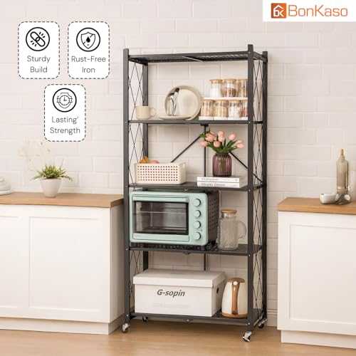Image of BonKaso Foldable 5-Tier Kitchen Storage Rack | Heavy-Duty Metal Trolley Stand with Wheels | Movable & Multifunctional Shelf for Home, Office & Pantry | Load Capacity Upto 110kg (72x35x158 cm) - Black