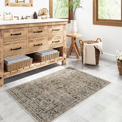 2x3 Washable Area Rug Brown Vintage Distressed Entryway Kitchen Non Slip Low Pile Throw Rug Living Room Bedroom Indoor Doormat Small Soft Carpet for Entrance Dining Room Bathroom