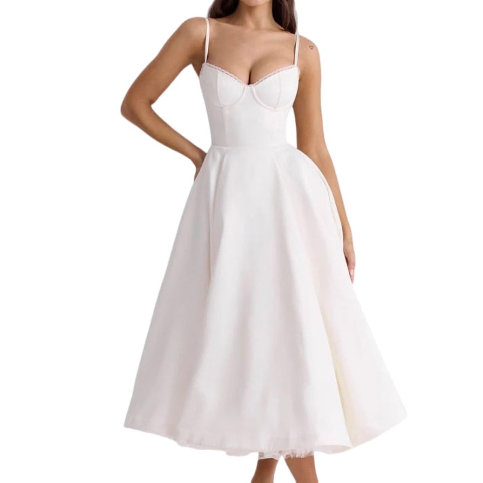 OUSHOP Women's Spaghetti Strap Summer Dresses Solid Color A-Line Tiered Puffy Midi Dresses Swing Beach Sundress