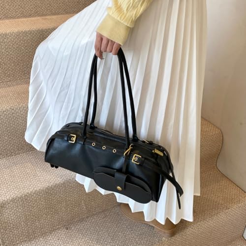 Boston Shoulder Bags for Women PU Leather Tote Bag Casual Bowling Bag Purse Retro Underarm Bag3