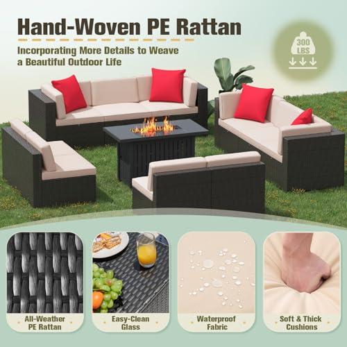 Image of Greesum Patio Furniture Sets 11-Pieces Outdoor PE Rattan Sectional Sofa w /43in Gas Fire Pit Table 55000 BTU Add Warmth to Gatherings Parties On Deck Garden Backyard,Beige