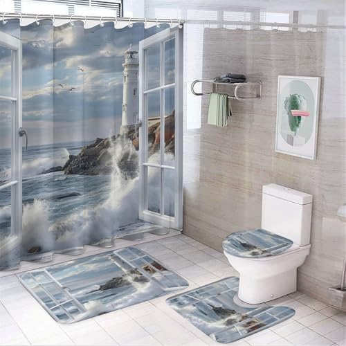 TOWINSFB 4Pcs Coastal Window Lighthouse Shower Curtain Sets Bathroom Decor, Ocean Wave Seaside Scenery Shower Curtain with Non Slip Rug, Toilet Lid Cover, Bath Mat and 12 Hooks 72W x 72L