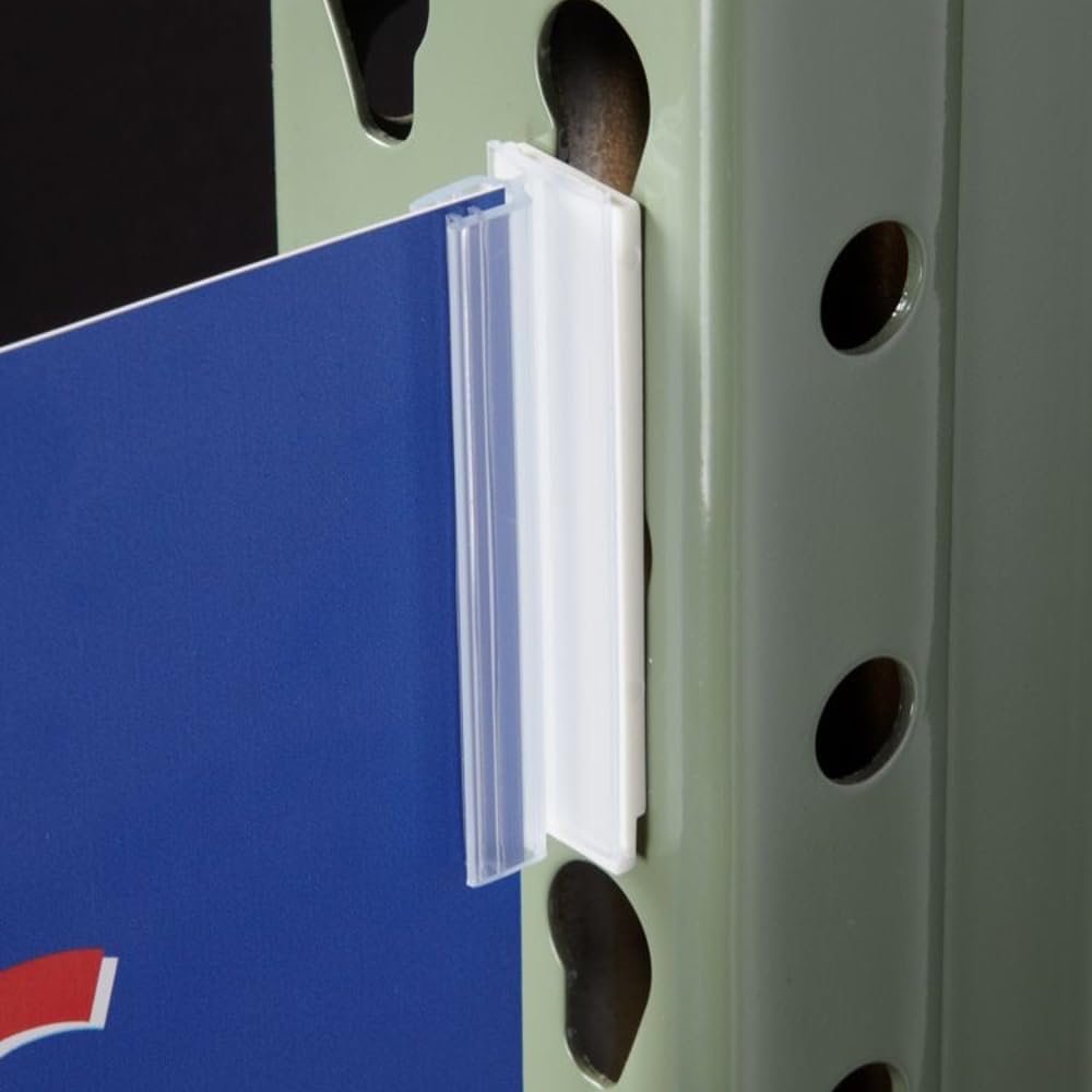 50 Pack Warehouse Upright Gripper Sign Holders, Holds Vertical Aisle Markers and Signs Up To 1/4" Thick On Warehouse Racks and Retail, 3 Inch Long Sign Gripper Fits Pallet Rack Uprights with Tear Drop Holes