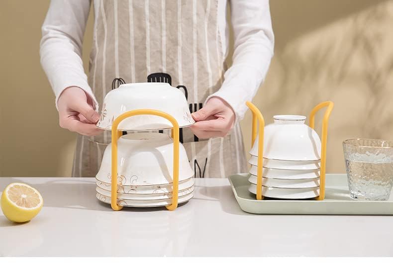 Image of Floor Mount Bowl Drain Rack Organizer, Plastic Tiered Non-Slip Dish Drying Rack, Bowl & Plate Holder, Kitchen Storage Display Stand, Yellow (9.6 x 11.6 x 15.2 cm)