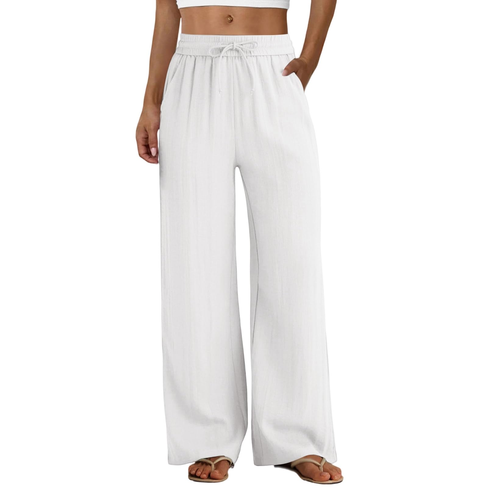 Womens Summer Drawstring Waist Wide Leg Loose Cotton Linen Palazzo Pants Beach Trousers with Pockets