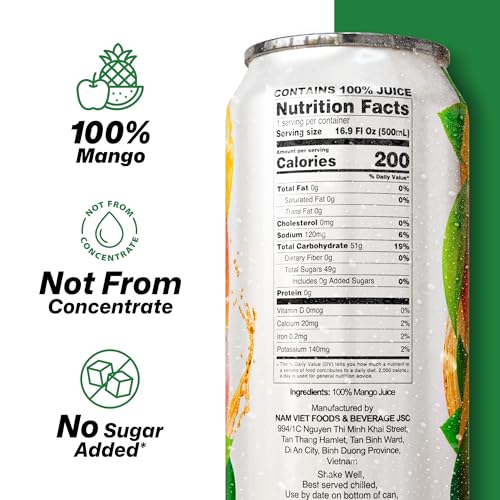 Image of VINUT 100% Mango Juice, No Sugar Added, Never From Concentrate, 16.9 fl oz (500 mL) Can, Pack of 12