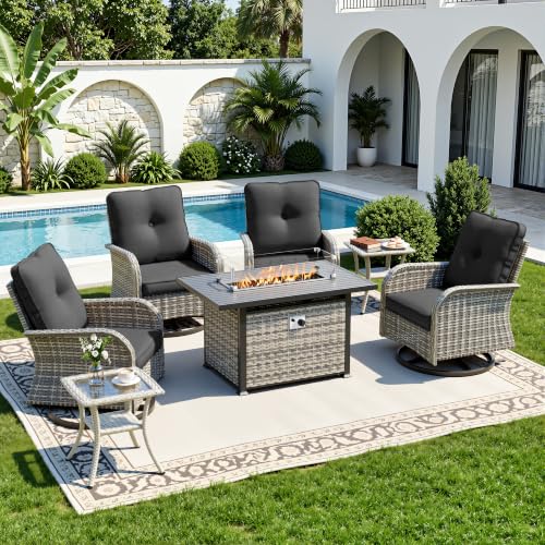 Image of 7-Piece Small Patio Furniture Set, Outdoor Swivel Rocking Chairs Set with 55,000 BTU Fire Pit Table Wicker Chairs and Tempered Glass Side Table, Patio Bistro Set for Balcony, Deck, Porch