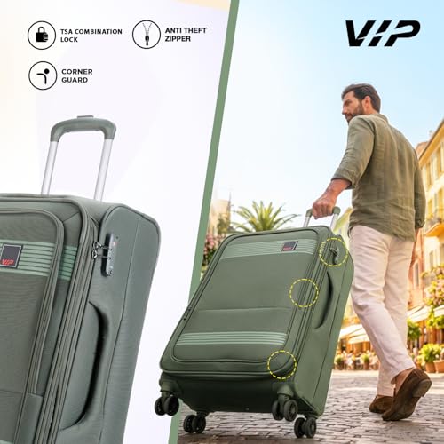 Image of VIP Triumph 8 Wheel Check-in (Medium Size) Soft Case Trolley Bag | TSA Lock | Expandable Polyester Luggage | 3 Year International Warranty | Anti-Theft Zipper | 69 CM Suitcase for Travel | Ivory Green