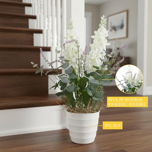 Image of KARP Artificial Potted Plants, 62Cm Height Faux Delphinium Flower Plant with White Pot Home Decor, Indoor Artificial Ornamental Plants for Living Room, Office Desk & Bathroom, Decorative