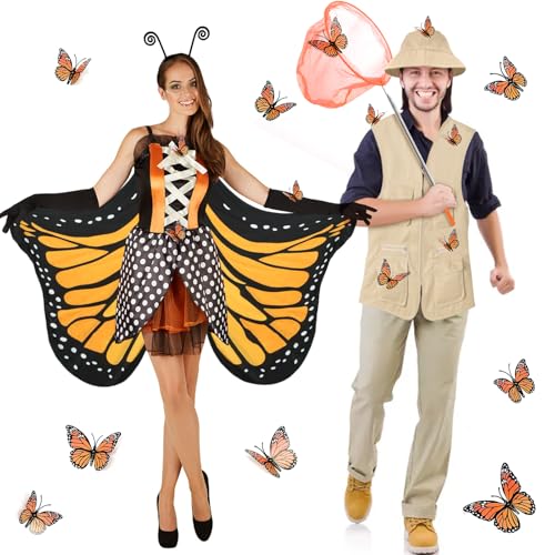 Jiytivity 17 Pcs Halloween Couple Costume for Adult Butterfly and Catcher Costume Monarch Butterfly Couple Cosplay for Women Men Friend Cosplay Halloween Party