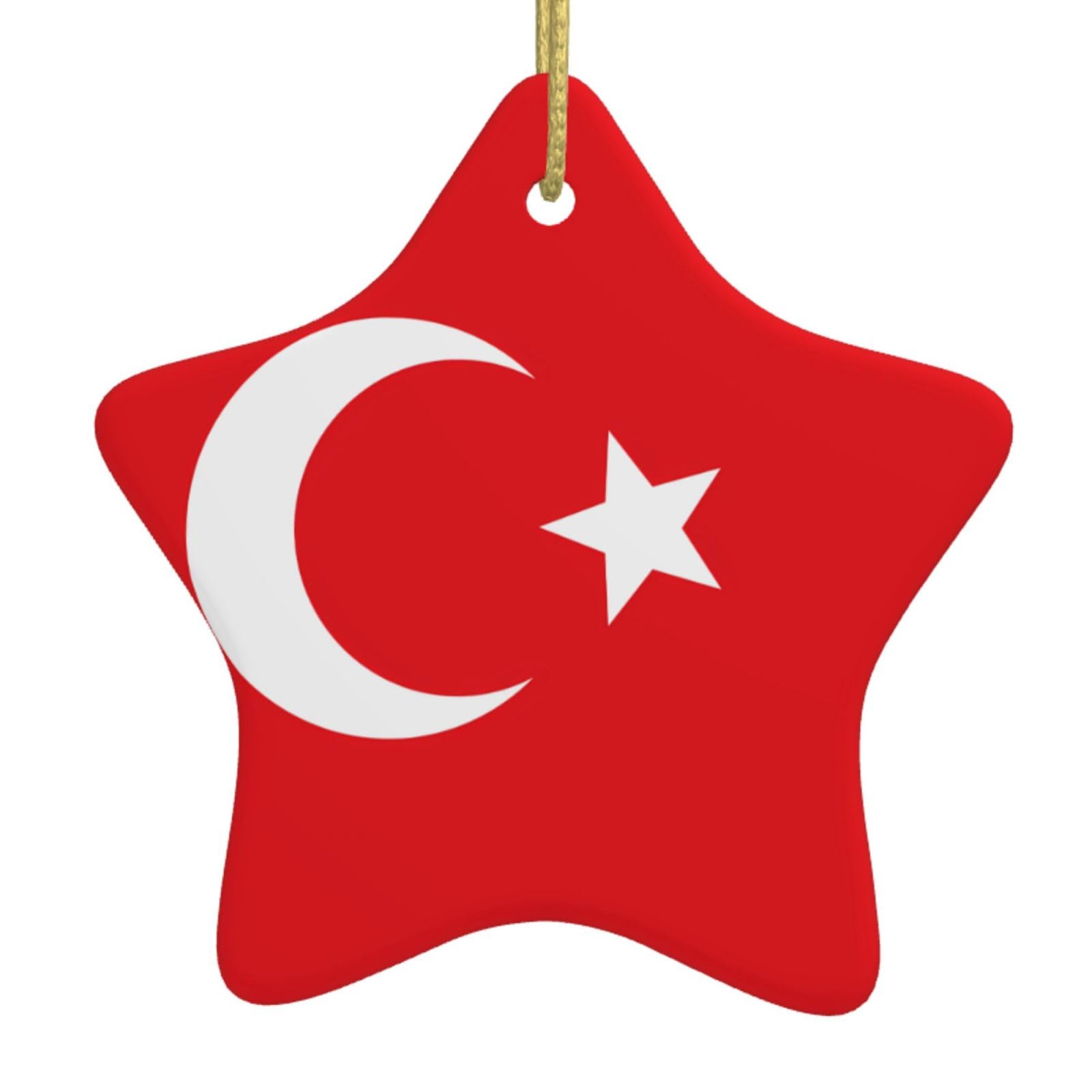 Flag of Turkey Christmas Ceramic Star Pendant with Punched Holes and Gold Wire Rope, Christmas Tree Home Decoration