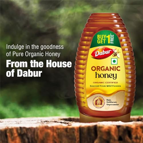Image of Dabur Raw Organic Honey Squeezy Pack - 450g (225g x 2) | Buy 1 Get 1 Free | 100% Pure and Natural | NPOP Organic Certified | Raw, Unprocessed & Unpasteurized Honey | Sourced from Wild Forests