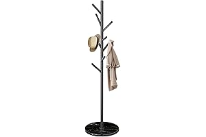 Modern Coat Rack Freestanding, Stainless Steel Coat Stand with 8 Hooks and Natural Marble Base