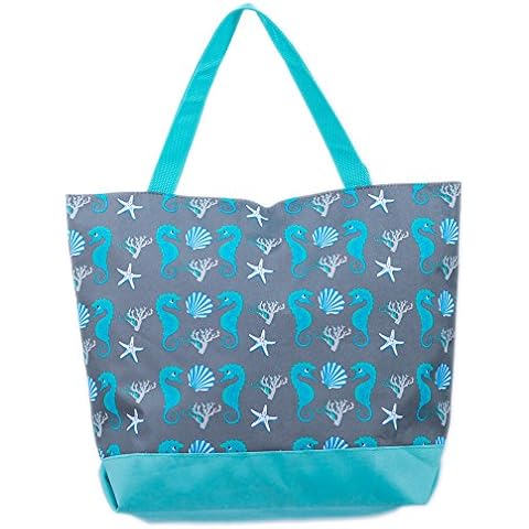 AIREE FAIREE Beach Bag Womens Ladies 45 x 35 cms Large Summer Beach Canvas Tote Bags Zip closure (Seahorse and Seashell Blue) Cover