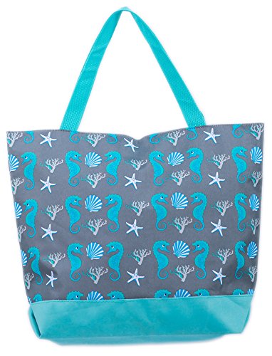 Beach Bag Womens Ladies 45 x 35 cms Large Summer Beach Canvas Tote Bags Zip closure Airee Fairee (Seahorse and Seashell Blue)