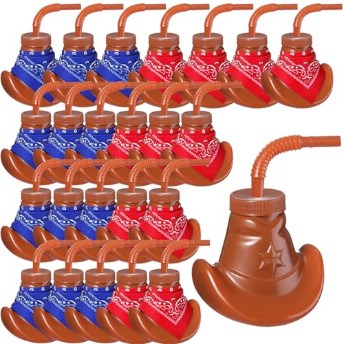 Gerrii 24 Pack Cowboy Hat Cups with Mini Bandanas,10 oz Plastic Cowboy Cup with Lids and Straws for Western Toy Themed Party Favors Cowgirl Birthday Decorations Supplies (Brown, Red, Blue)