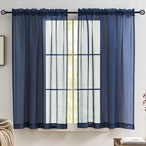 Image of MYSTIC-HOME Sheer Curtains Navy Blue 45 Inches, Rod Pocket Voile Drapes for Living Room, Bedroom, Window Treatments Semi Crinkle Curtain Panels for Yard, Patio, Villa, Parlor, Set of 2, 52 inchx 45 inch.