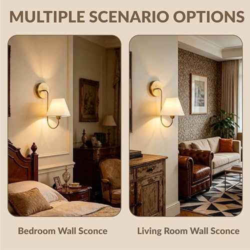 Image of Vintage Single Swoop Wall Sconce with White Linen Shade, Antique Brass Gooseneck Arm Wall Sconce, Elegant Light Fixture for Bedroom, Living Room, Beside The Mirror (7.5 Inch Shade)
