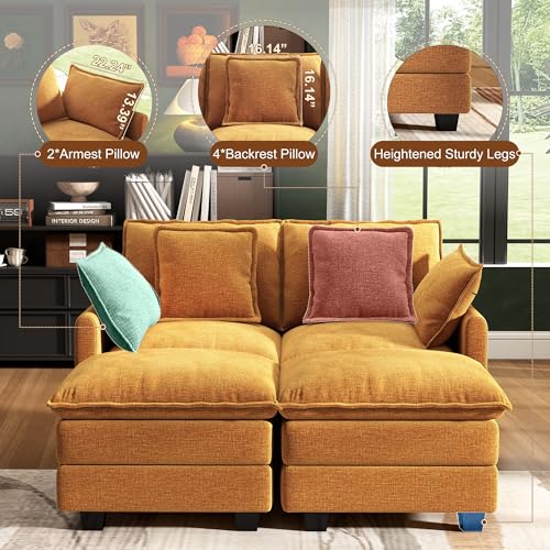 Image of 58 inch Cloud Couch Sectional Modular Sofa, Deep Seat Couches with Ottoman and Removable Washable Pillows for Living Room, Bedroom, Apartment, Orange