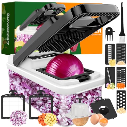 12-in-1 Vegetable Chopper, 7 Blades Veggie Chopper with Container and Lid, Dicer, Slicer, Multifunctional Kitchen Gadgets, Vegetable Cutter with Handle, Onion Cutter(Black/White)