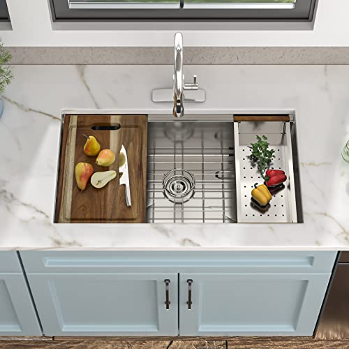 Image of 30 inchx19 inch Undermount Kitchen Sink Workstation Single Bowl | 16 Gauge T304 Stainless Steel, Brushed Nickel Finish, with Integrated Ledge, Round Corners, Under Counter