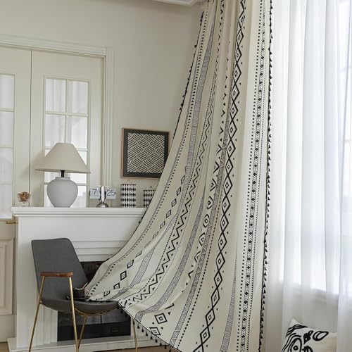 Image of Black Geometric Curtains 54 Inches Long, Boho Farmhouse Light Filtering Rod Pocket Drapes with Tassel Trim for Bedroom Living Room, 2 Panels