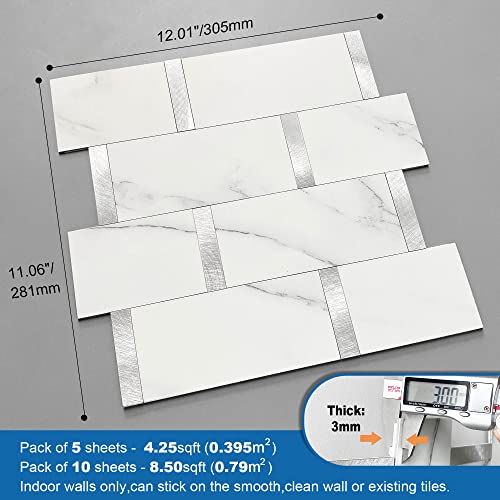 Mofit Matte Kitchen Subway Tile Peel And Stick Backsplash Self-Adhesive Bathroom Wall Tiles Waterproof 3D Metal And Marble Mosaic Panels Heat Resistant Fireplace(White Silver 10Tiles) #TOP4
