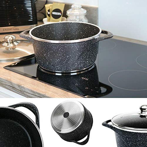 Die-Cast Marble Non Stick StockPot/Casserole with Glass Lid Induction Based (28cm-Black) 4 Gallery Image