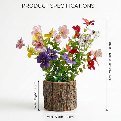 Image of Dekorly Artificial Multi Colour Fern Daisy Flower with Real Wooden Vase (28CM Overall Height) | Decorative Lifelike Faux Floral Plant in Rustic Tree Log Pot for Living Room(Daisy Fern)