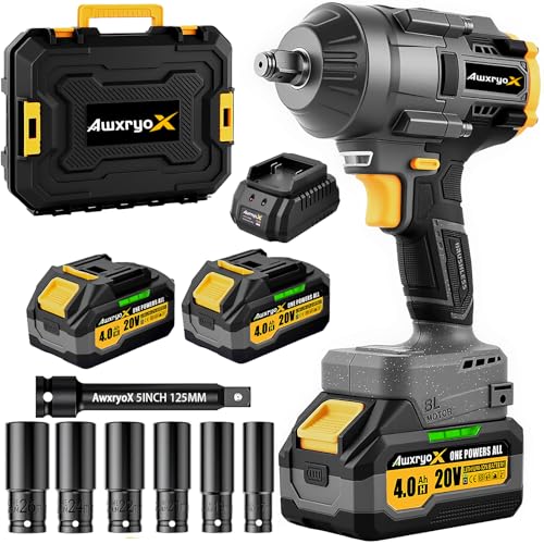 Image of AwxryoX 1500Nm Cordless Impact Wrench, 1107ft-lbs Brushless Impact Gun with 2x4.0Ah Battery,1/2" 20V High Torque Pistola De Impacto with 6 Socket & Extension Rod, Electric Taladros for Truck/Car/Mower