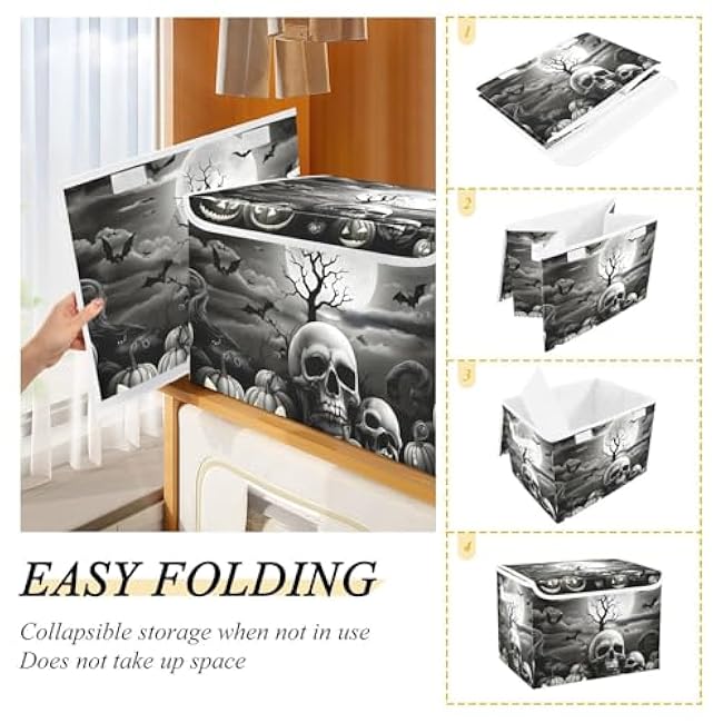 Skull Pumpkin Night Lidded Storage Bins with Handles - 16.5x12.6x11.8 Foldable Organizing Box, Oxford Fabric & Honeycomb Board, Dust-Proof Flip Lid for Closet/Office