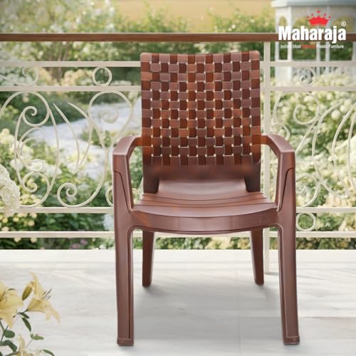 Image of MAHARAJA Heavy Duty Plastic Chairs for Home & Office | Comfortable | Arm Rest | 200Kg Capacity (Teakwood, Pack of 4)