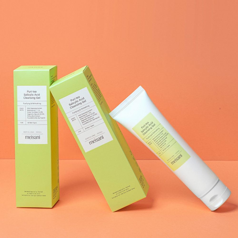 Meisani Puri-Tea Salicylic Acid Cleansing Gel, Nettoyant vegan, sans sulfate et au pH équilibré, 150ml