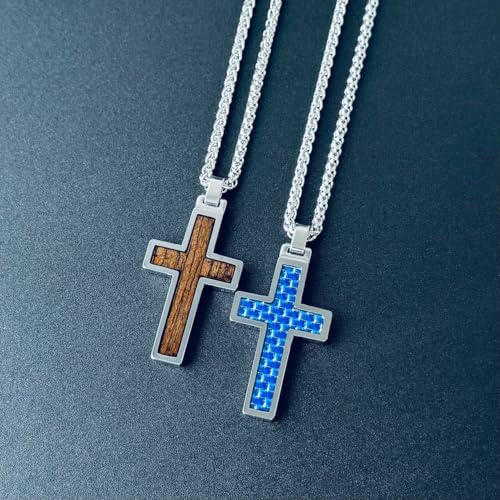 MOO&LEE Tungsten Cross Pendant Necklace for Men Wood Inlay Fiber Inlay Cross Necklace Tungsten Jewellery3