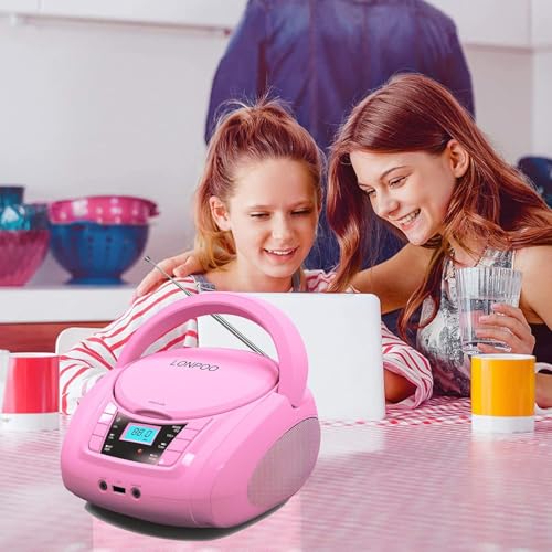 Image of LONPOO CD Player Portable Boombox with FM Radio /USB /Bluetooth /AUX Input and Earphone Jack Output, Stereo Sound Speaker & Audio Player,Pink