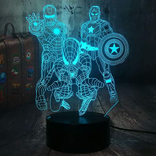 The Avengers Marvel Comics Iron Man Spiderman Captain America 3D Optical Illusion LED Night Light Boy Kids Toy Baby Sleep Desk Lamp Bedroom Decor Movie Fans Birthday Christmas Gift(The Avengers)