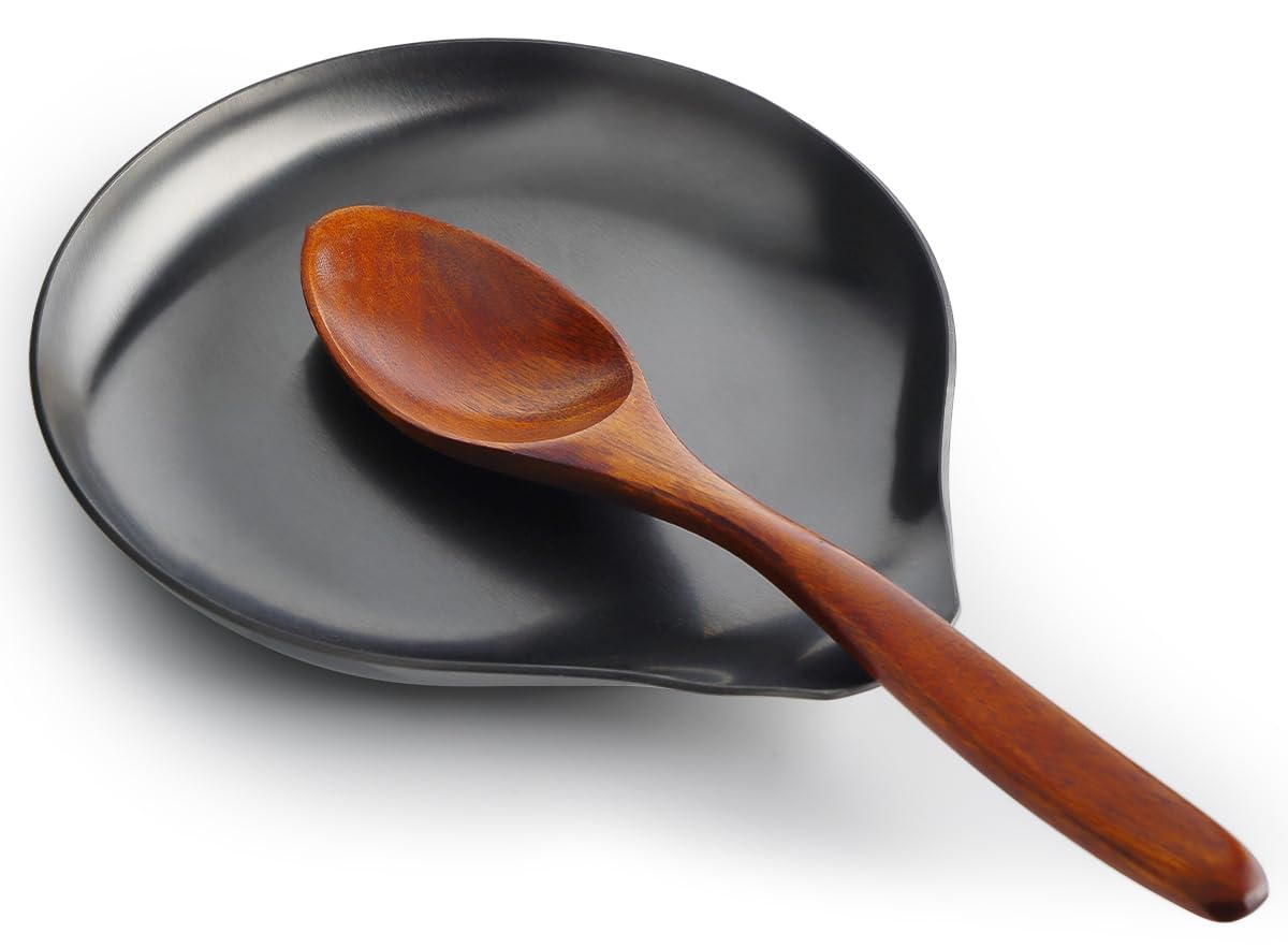 VanlonPro Stainless Steel Spoon Rest, Spatula Ladle Holder, Stainless Steel Utensil Spoon Rest Holder, Brushed Finish, Dishwasher Safe 5.9 x 5.1 Inch (Round Black 1PC)