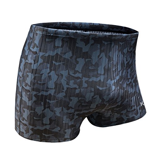 KGKE Swim Boxer Briefs Short Swim Jammer Camo Racer Mens Square Leg Swimsuit (Grey camo Strip, XL)
