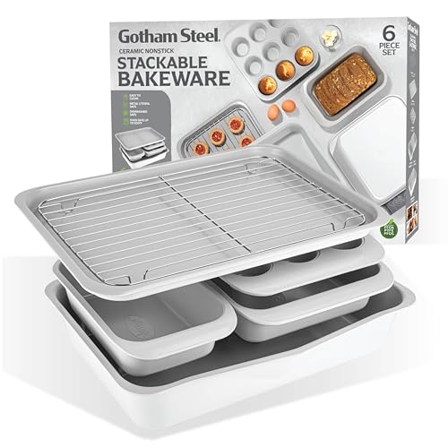 Comparison: Best Gotham Stackable Cookware 10 Gotham Steel 6 Pc Stackable Baking Pans Set, 70% Space Saving Design, Ceramic Bakeware Sets Non Toxic Made Without PFOA PFOS, with Baking Sheet Tray, Cake & Muffin Pans, Oven & Dishwasher Safe