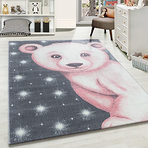 Carpetsale24 Kinderteppich Modern Bären Design Pink und Grau 80 x 150 cm - Kurzflor Teppich...