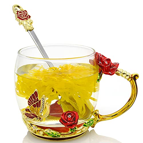 Mothers Day Gift For Mom Enamel Glass Mug Fancy Flower Tea Cup Glass Coffee Mug 11 Oz With Spoon Valentines Day Birthday Graduation Gifts 2023 Bridesmaid Gifts Teacher Appreciation Gifts (Red) #TOP1