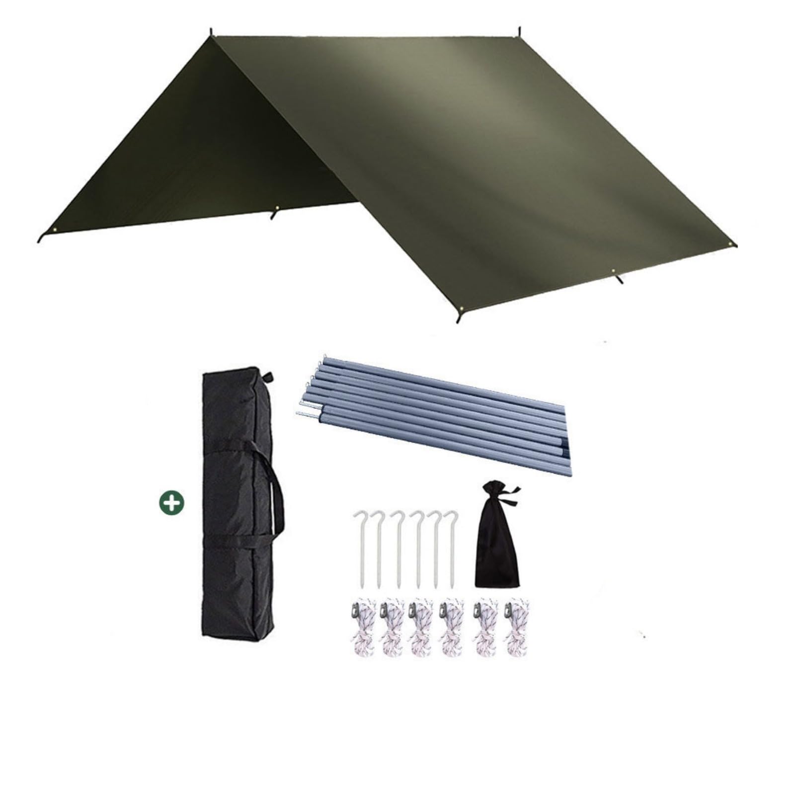 Plandeka kempingowa, wodoodporna, 3 x 3 m, z oczkami, linki napinające i śledzie, ochrona przed promieniowaniem UV, do hamaka, schronienia na piknik, do bushcraft pieszych wędrówek, jasnozielona