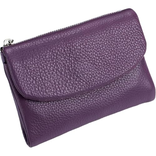 Unisex Pebble Leather Wallet, Small Genuine Full Grain Leather Purse with Credit Card Holder, Coin Holder & Cash Slots for Men and Women (Light purple)
