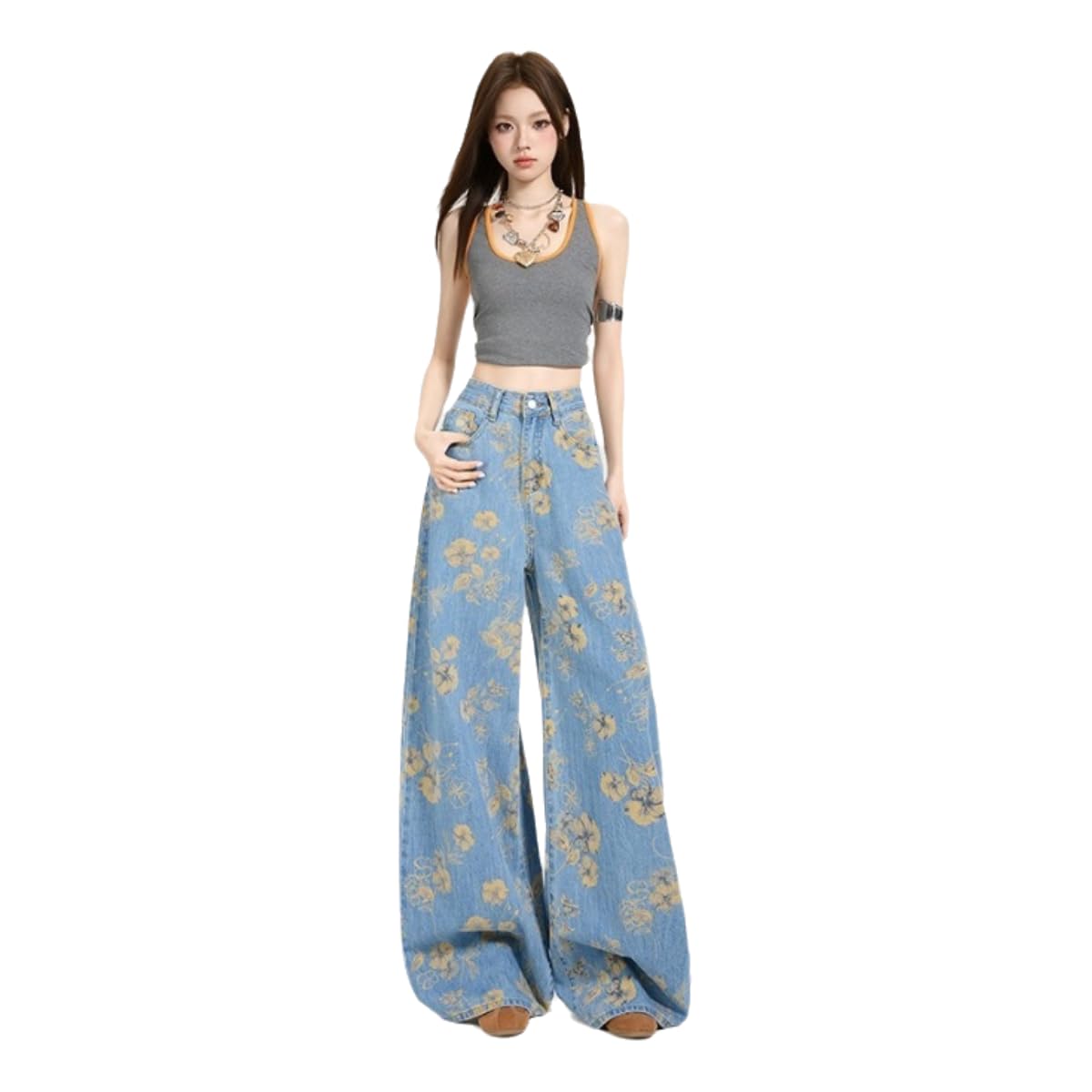 Jeans femme à jambes larges et taille haute imprimé détresse bleu clair