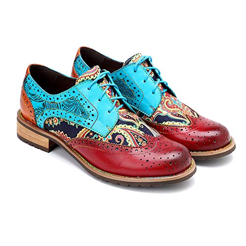 CrazycatZ Women's Leather Oxford Shoes Perforated Lace up Wingtip Colorful Leather Oxfords Vintage - Image 3