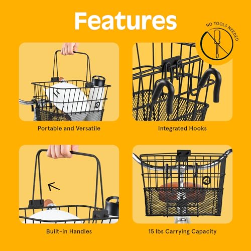 Retrospec Apollo Detachable Front Bike Basket Steel Half-Mesh with Integrated Detachable Hooks and Built-in Handle, Easy Assembly and Portability for Bicycles