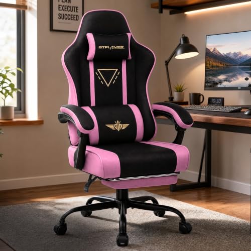 Image of GTPLAYER Video Gaming Chair Fabric, Ergonomic Computer Chair with Footrest and Pocket Spring Cushion, Height Adjustable Video Gamer Chair with Lumbar Support for Adults, Pink
