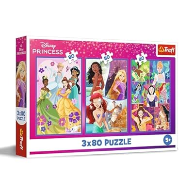 Trefl Puzzle 3en1: Disney Princess  Princesas Amigas-3 x 80 Piezas  Set de Tres puzles para niños a Partir de 5 años  Multicolor  275 x 180 mm  34884 